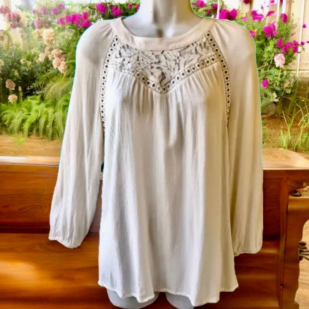 Indigo Rose Ivory Gauzy Top Blouse Lace Embroidery 3/4 Sleeve
